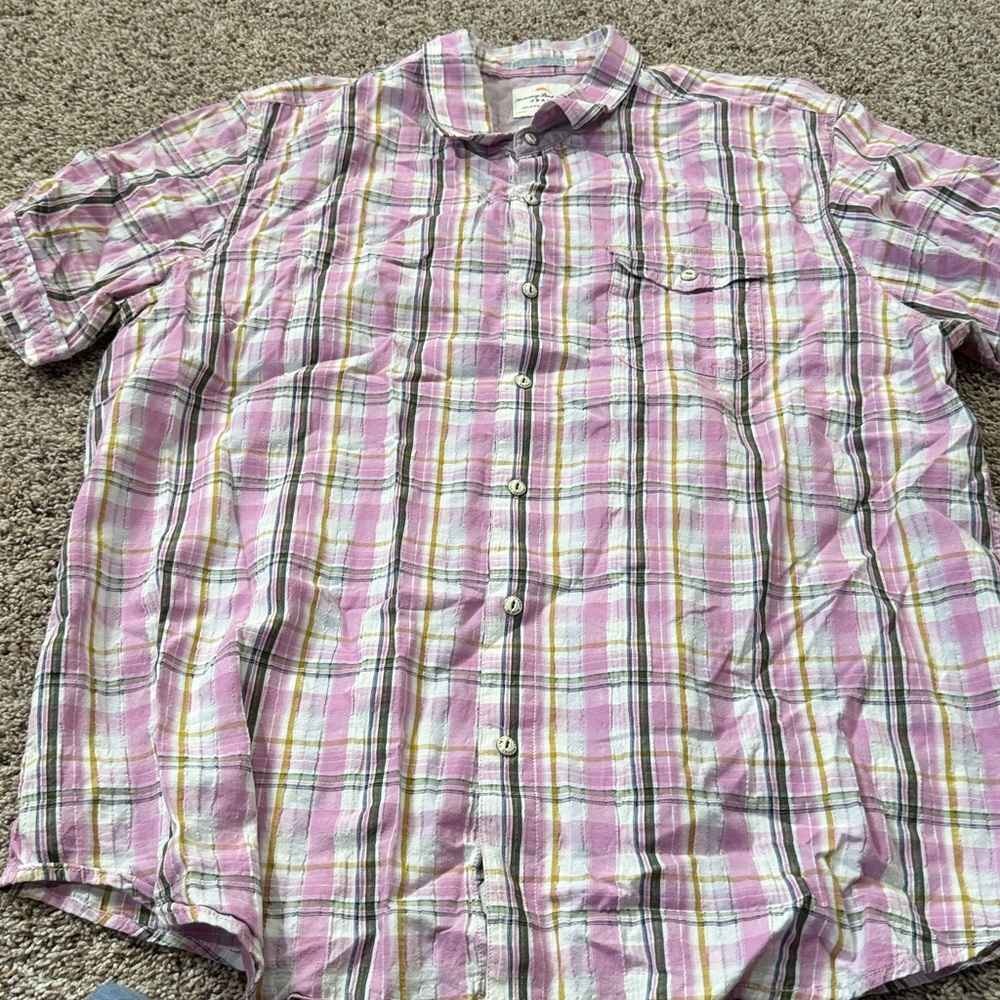 Tommy Bahama Pink and White Short Sleeve Plaid Button Up Shirt XL